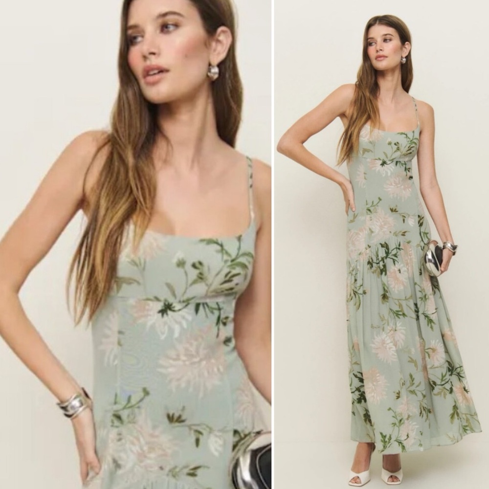 Reformation Catana Floral Georgette Drop Waist Maxi Dress Pergola Green Size 2 - Picture 5 of 12